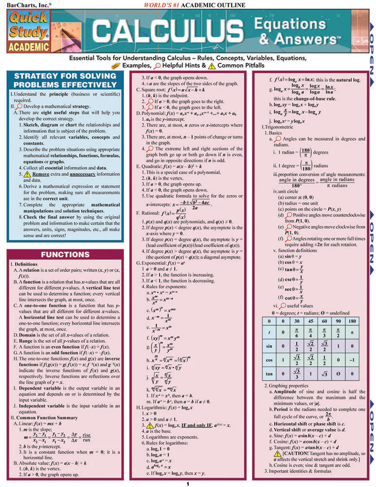 Calculus Equations and Answers QuickStudy Laminated Reference Guide - Image 2
