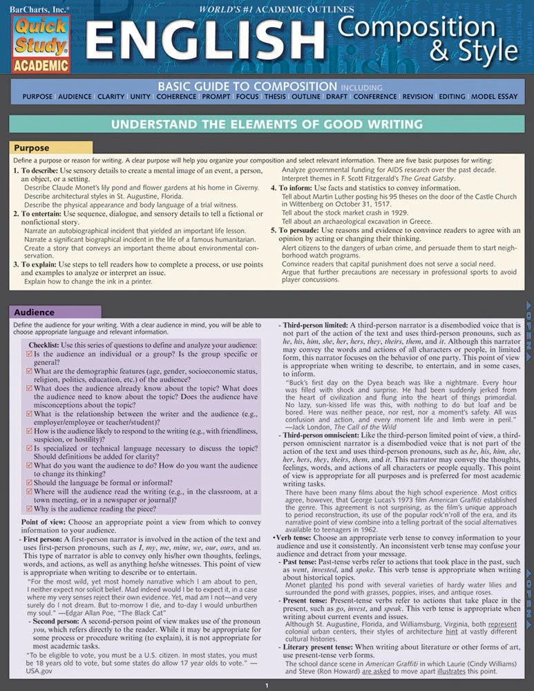 English Composition and Style A QuickStudy Laminated Reference Guide