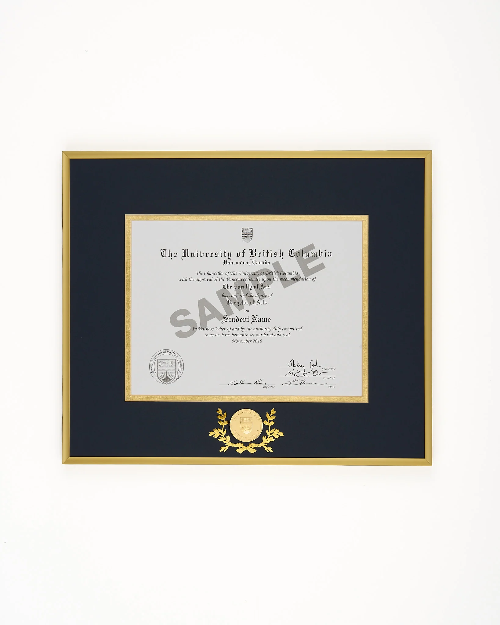 Gold Metal Diploma Frame W/ UBC Medallion