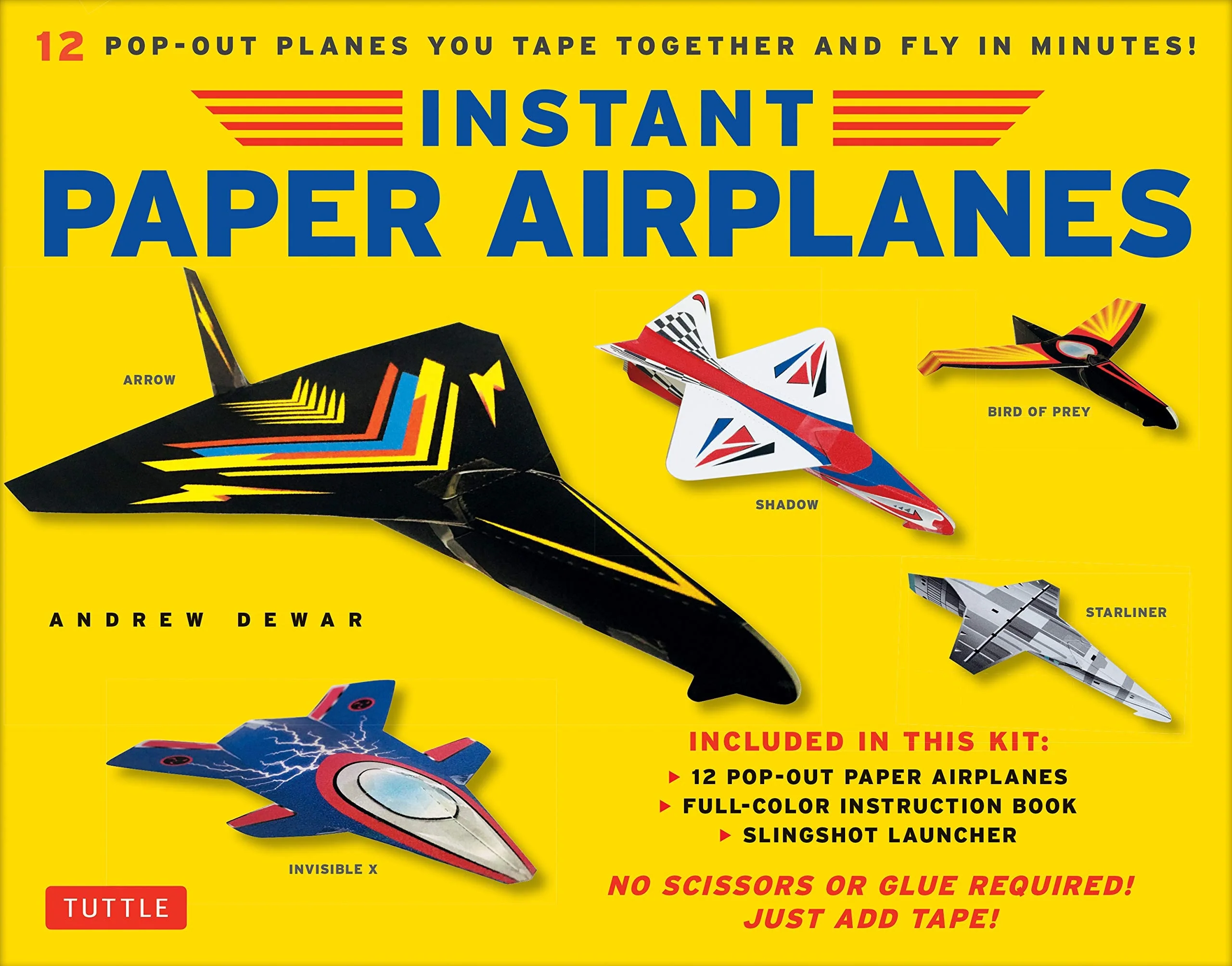 Instant Paper Airplanes Kit 12 Pop-Out Airplanes You Tape Together and Fly in Minutes! [12 Precut Pop-out Airplanes; Slingshot Launcher, Tape and Full-color Book]