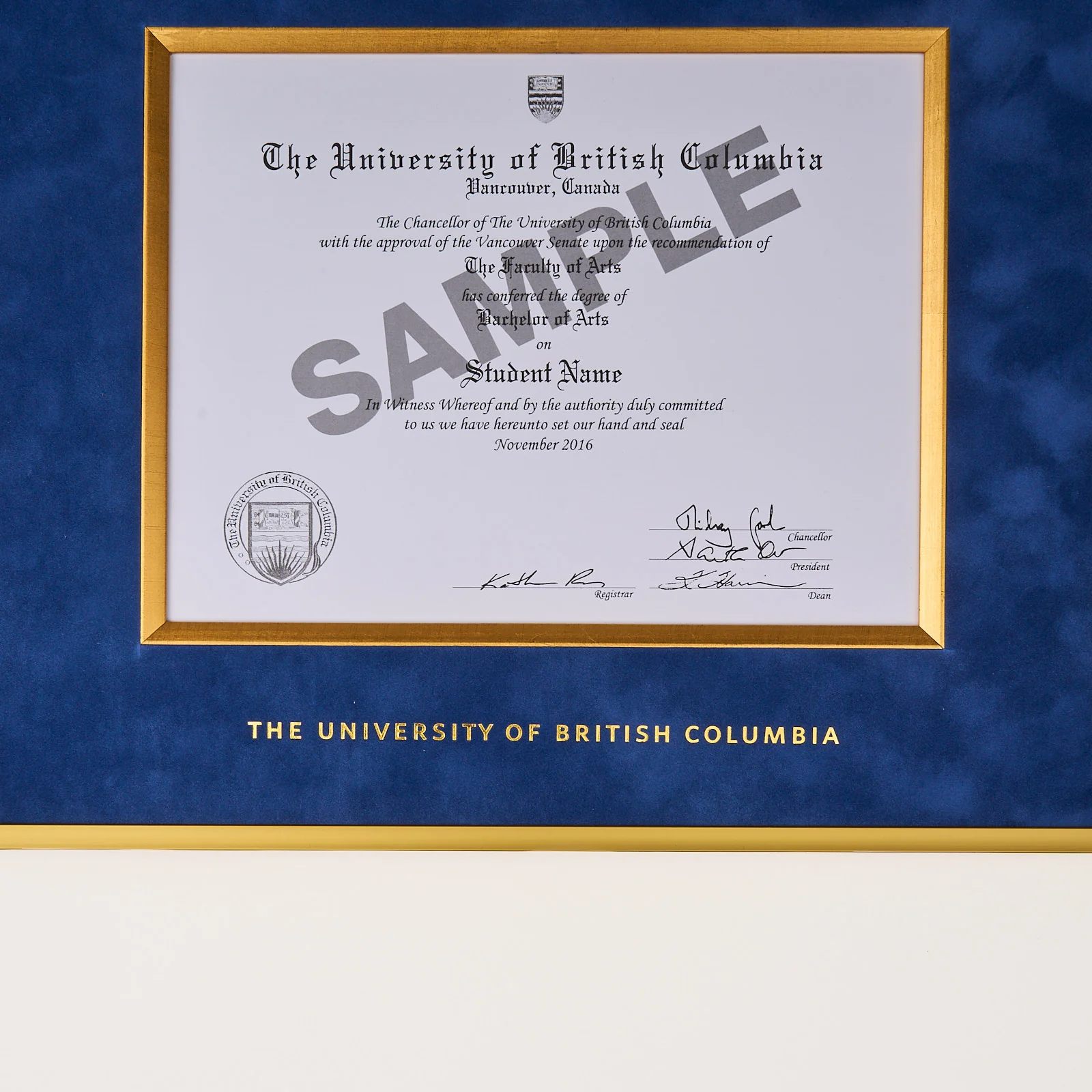 Luxury Gold Metal Diploma Frame, Velvet Mat UBC Medallion - Image 3