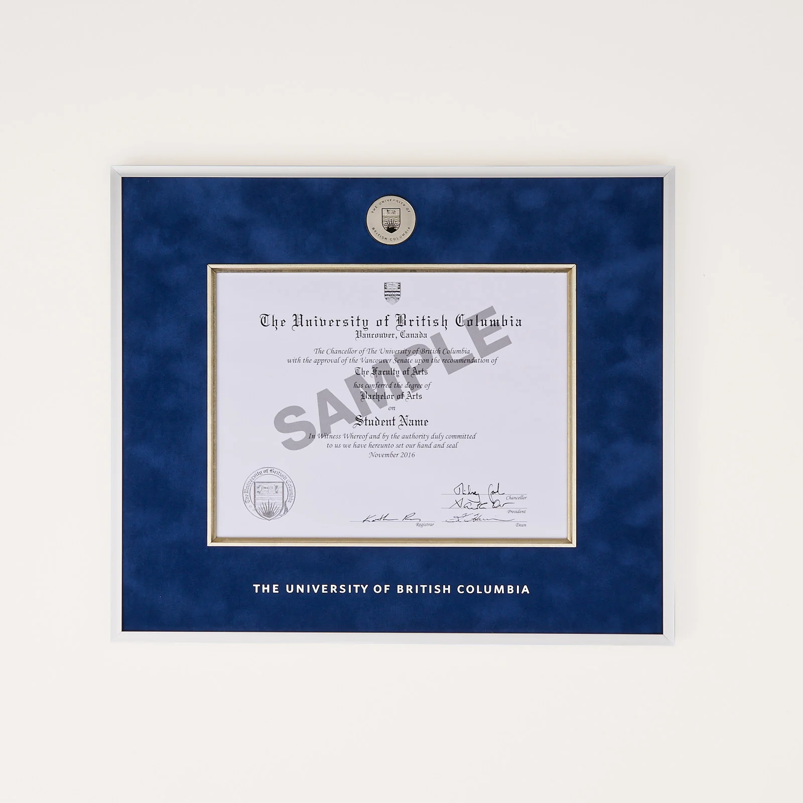 Luxury Silver Metal Diploma Frame, Velvet Mat UBC Medallion