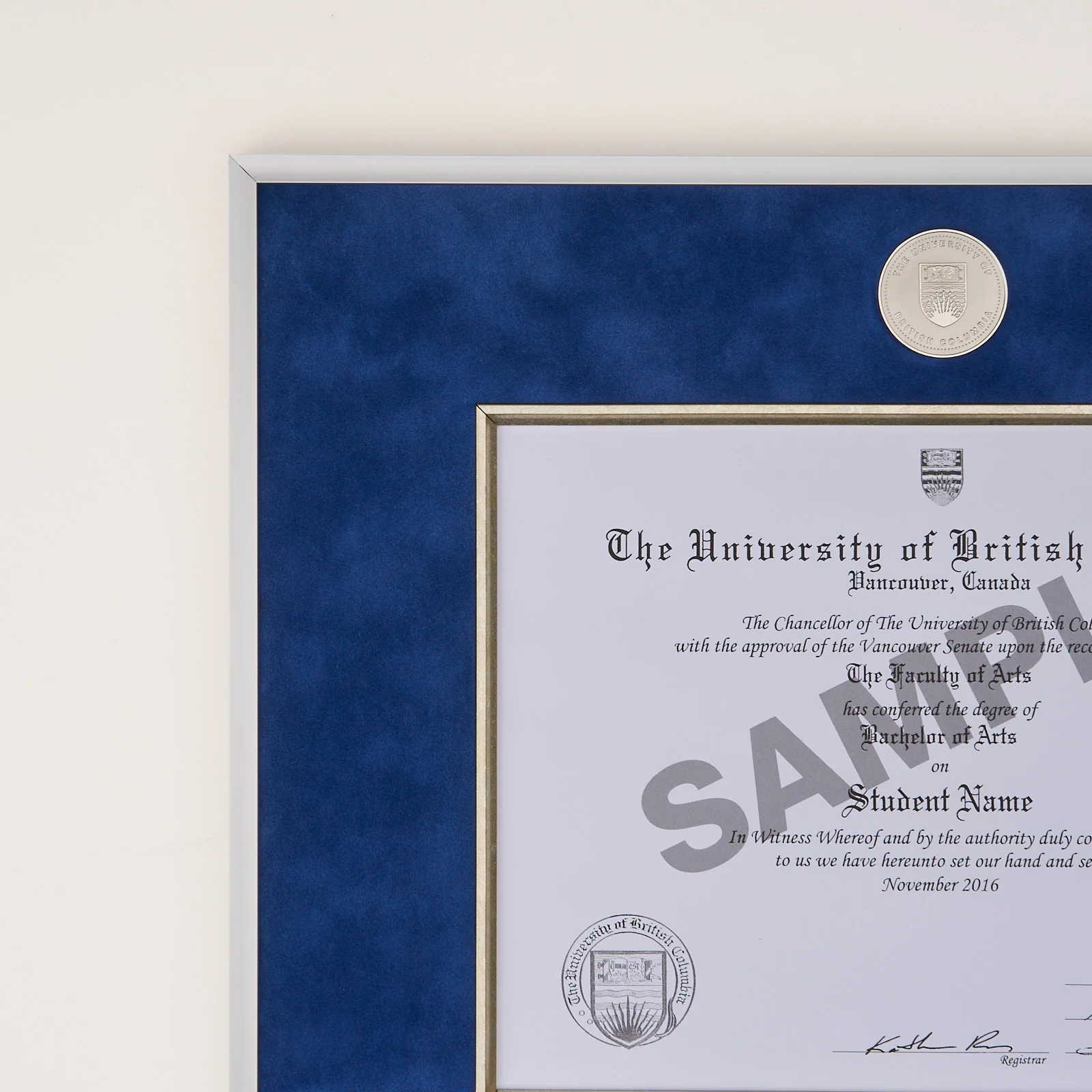 Luxury Silver Metal Diploma Frame, Velvet Mat UBC Medallion - Image 2