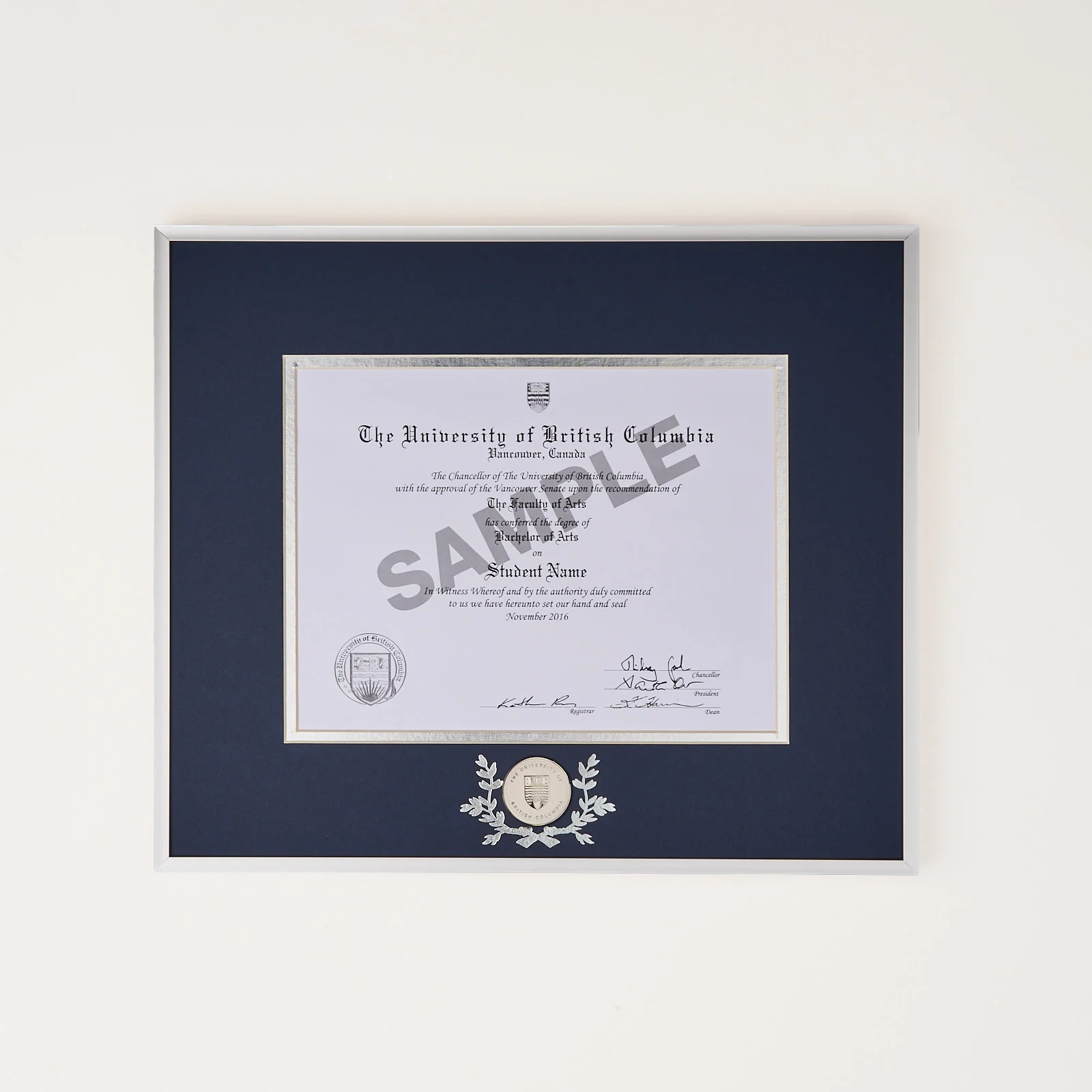 Silver Metal Diploma Frame W/ UBC Medallion
