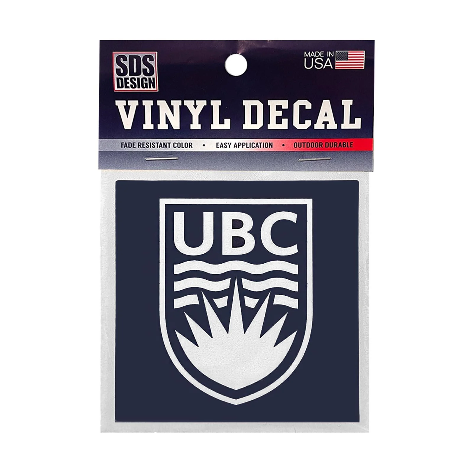 UBC Decal, White Crest W/ Navy Background 3x3"