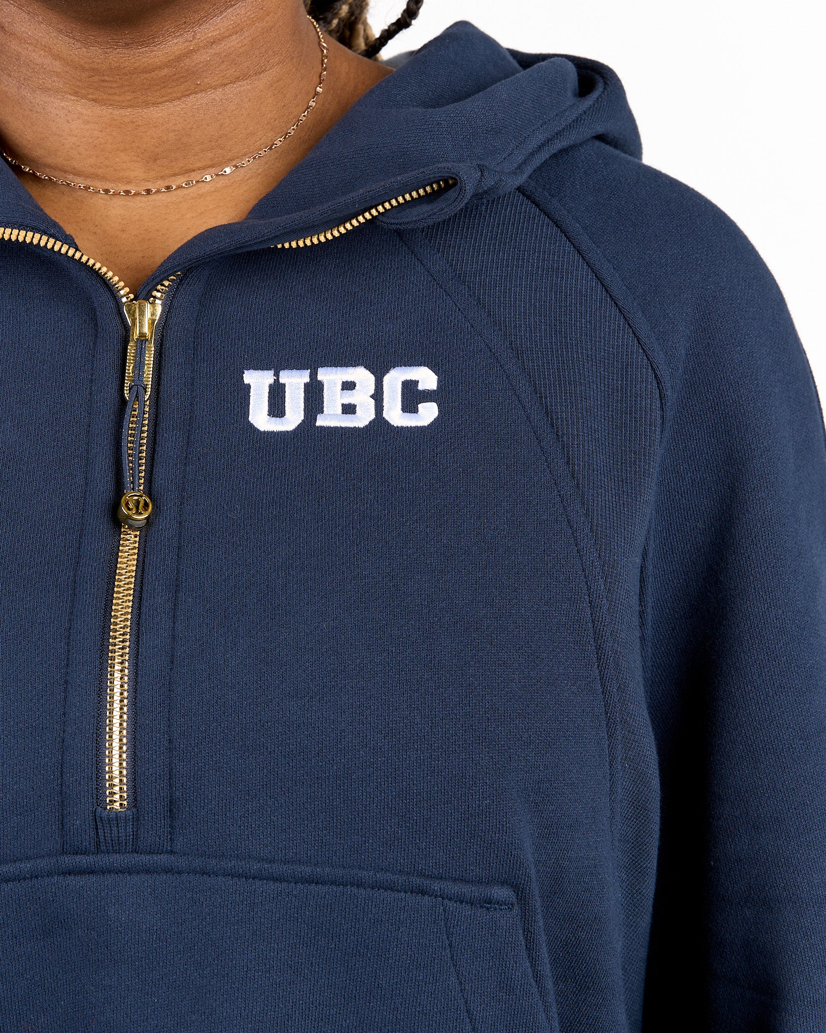Womens UBC Scuba Oversized Half Zip Hoodie - Navy and Gold Zip - Image 2